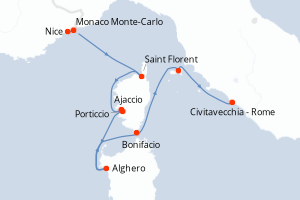 carte itinéraire croisière Sardaigne 7 jours au départ du port de Nice