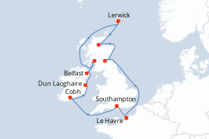 Carte de l'itinéraire de croisière Southampton-Southampton d'une durée de 12 jours