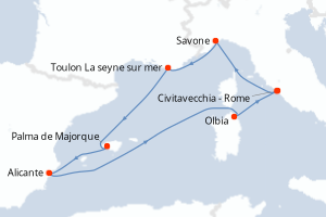 Carte de l'itinéraire de croisière Civitavecchia - Rome-Civitavecchia - Rome d'une durée de 7 jours