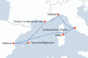 carte itinéraire croisière Sardaigne 7 jours au départ du port de Civitavecchia - Rome