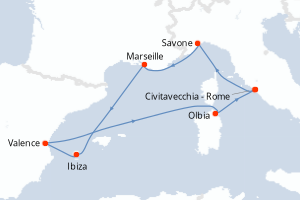 carte itinéraire croisière Sardaigne 7 jours au départ du port de Civitavecchia - Rome
