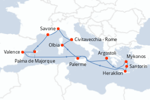 carte itinéraire croisière Sicile 14 jours au départ du port de Civitavecchia - Rome