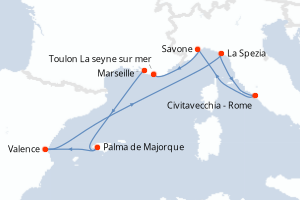 Carte de l'itinéraire de croisière Marseille-Toulon La seyne sur mer d'une durée de 7 jours