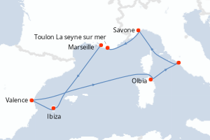 carte itinéraire croisière Sardaigne 7 jours au départ du port de Marseille