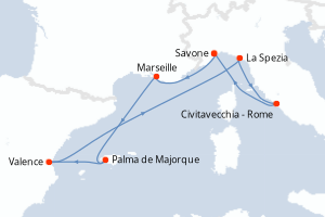 Carte itinéraire croisière Italie, France, Baléares, Espagne - 7 jours au départ de Savone - Méditerranée