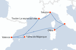 Carte de l'itinéraire de croisière Savone-Savone d'une durée de 7 jours