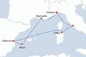 Carte de l'itinéraire de croisière Savone-Savone d'une durée de 7 jours