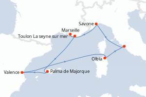 carte itinéraire croisière Sardaigne 7 jours au départ du port de Toulon La seyne sur mer