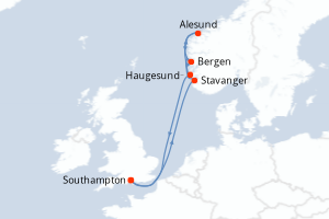 Carte de l'itinéraire de croisière Southampton-Southampton d'une durée de 7 jours