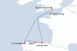 Carte de l'itinéraire de croisière Southampton-Southampton d'une durée de 7 jours