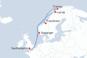 Carte itinéraire croisière Norvège, Royaume-Uni - 12 jours au départ de Southampton - Europe du Nord