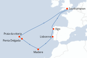 Carte de l'itinéraire de croisière Southampton-Southampton d'une durée de 12 jours