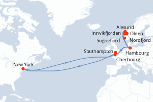 Carte de l'itinéraire de croisière New York-New York d'une durée de 26 jours