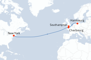 Carte de l'itinéraire de croisière Hambourg-New York d'une durée de 10 jours