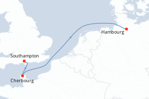 Carte de l'itinéraire de croisière Hambourg-Southampton d'une durée de 3 jours