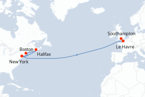 Carte de l'itinéraire de croisière Southampton-New York d'une durée de 15 jours