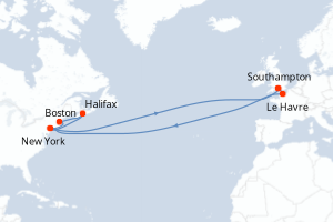 Carte de l'itinéraire de croisière Southampton-Southampton d'une durée de 22 jours