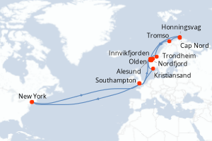 Carte de l'itinéraire de croisière New York-New York d'une durée de 28 jours
