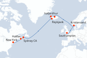 Carte de l'itinéraire de croisière New York-Southampton d'une durée de 14 jours