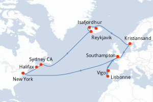 Carte de l'itinéraire de croisière New York-New York d'une durée de 28 jours