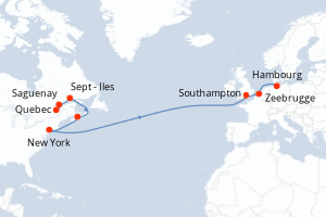 Carte de l'itinéraire de croisière Quebec-Hambourg d'une durée de 17 jours