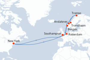 Carte de l'itinéraire de croisière New York-New York d'une durée de 30 jours