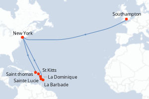 Carte de l'itinéraire de croisière Southampton-New York d'une durée de 20 jours