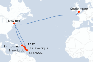 Carte de l'itinéraire de croisière New York-Southampton d'une durée de 20 jours