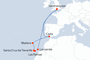 Carte de l'itinéraire de croisière Southampton-Southampton d'une durée de 12 jours