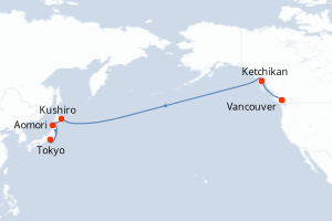 carte itinéraire croisière Asie 13 jours au départ du port de Vancouver