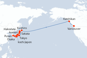 carte itinéraire croisière Asie 27 jours au départ du port de Vancouver