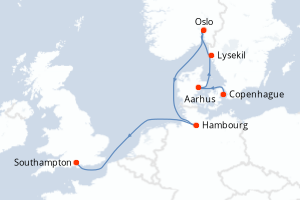 Carte de l'itinéraire de croisière Copenhague-Southampton d'une durée de 7 jours