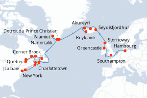 carte itinéraire croisière Transatlantique 30 jours au départ du port de Hambourg