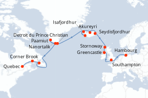 Carte de l'itinéraire de croisière Hambourg-Quebec d'une durée de 21 jours