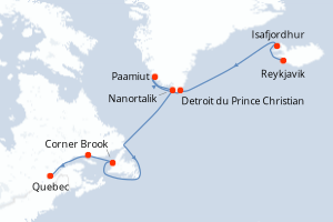 Carte de l'itinéraire de croisière Reykjavik-Quebec d'une durée de 11 jours