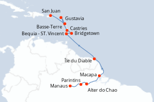 Carte de l'itinéraire de croisière Manaus-San Juan d'une durée de 12 jours