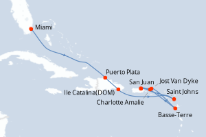 Carte de l'itinéraire de croisière Miami-San Juan d'une durée de 8 jours