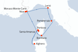 Carte de l'itinéraire de croisière Nice-Nice d'une durée de 7 jours