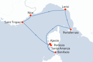 Carte de l'itinéraire de croisière Nice-Nice d'une durée de 7 jours