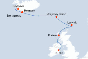 carte itinéraire croisière Europe du Nord 8 jours au départ du port de Reykjavik