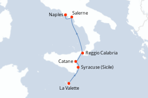 Carte de l'itinéraire de croisière La Valette-Naples d'une durée de 5 jours