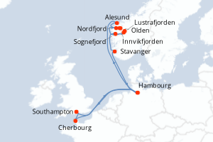 Carte de l'itinéraire de croisière Southampton-Southampton d'une durée de 12 jours