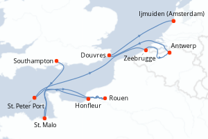 Carte de l'itinéraire de croisière Southampton-Ijmuiden (Amsterdam) d'une durée de 11 jours