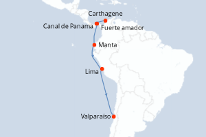 Carte de l'itinéraire de croisière Carthagene-Valparaíso d'une durée de 14 jours