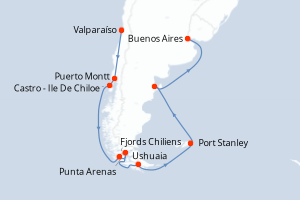 Carte de l'itinéraire de croisière Valparaíso-Buenos Aires d'une durée de 17 jours