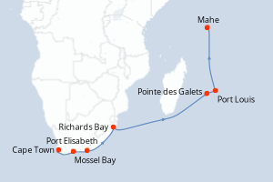 Carte de l'itinéraire de croisière Cape Town-Mahe d'une durée de 16 jours