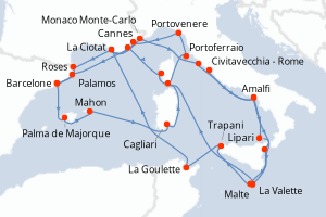 carte itinéraire croisière Sicile 30 jours au départ du port de Civitavecchia - Rome