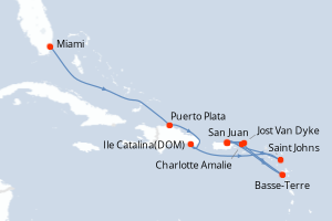 Carte de l'itinéraire de croisière Miami-San Juan d'une durée de 8 jours