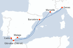carte itinéraire croisière Méditerranée 8 jours au départ du port de Cadix