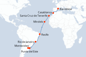 carte itinéraire croisière Transatlantique 21 jours au départ du port de Montevideo